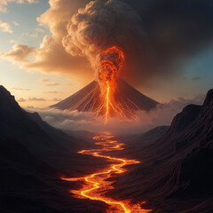 The mountain has a volcanic eruption and lava flows out
