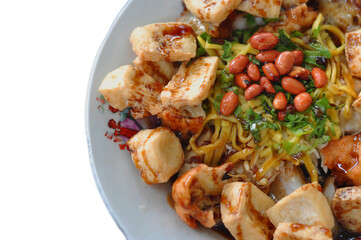 Ketupat Tahu is served on a plate as a typical Central Javanese Indonesian food.