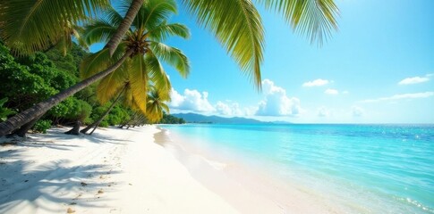White sand beach, clear water, palm trees overhead, sunny sky, sea view, sand, stunning