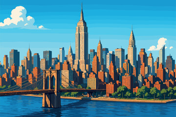 New York City skyline with Empire State and Brooklyn Bridge under blue sky