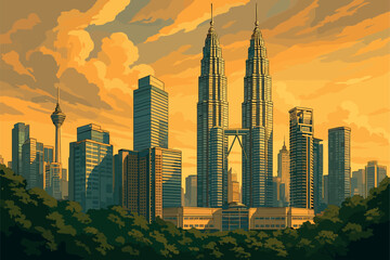 Obraz premium Kuala Lumpur skyline with Petronas Towers and surrounding greenery in golden light
