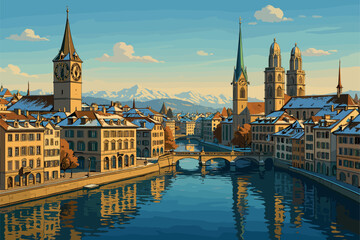 Obraz premium Zurich morning cityscape with Limmat River and snow-covered rooftops