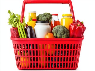 Fresh Produce and Groceries in a Red Shopping Basket Display