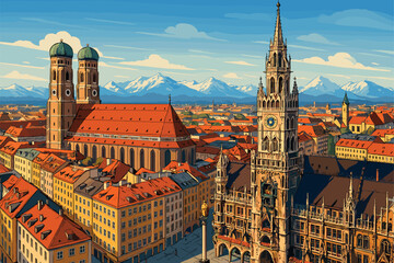 Fototapeta premium Munich view with Marienplatz, Frauenkirche and distant Alps skyline