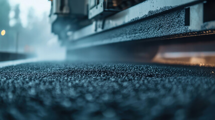 close up view of large asphalt paver machine laying down fresh asphalt on road, showcasing texture and detail of material. scene conveys sense of industrial efficiency and precision