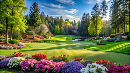 Obraz premium Idyllic Golf Hole Surrounded by Azaleas and Pine Trees