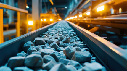 Fototapeta premium Conveyor belt transporting gravel in heavy industry setting, showcasing efficient movement of materials. scene is illuminated with warm lights, creating dynamic industrial atmosphere