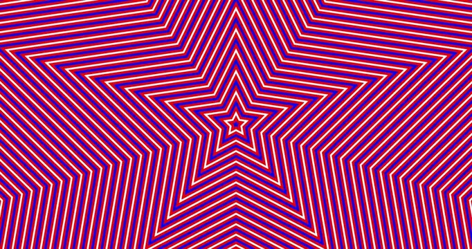 Surreal Red, Blue and White Striped Pattern Shaped as 5 points Star Background, Optical Illusion Animation