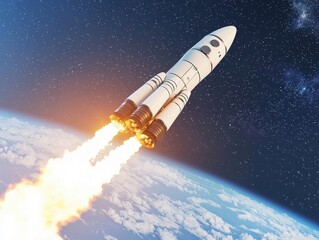 Fototapeta premium Rocket Launching Into Space with Bright Flames and Stars Above