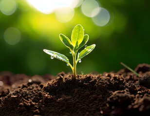 A close-up shot of a small green seedling emerging from rich, dark soil, with dewdrops