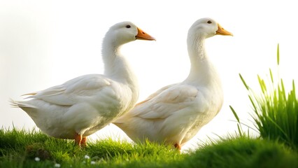 Obraz premium Two white geese walk on the field