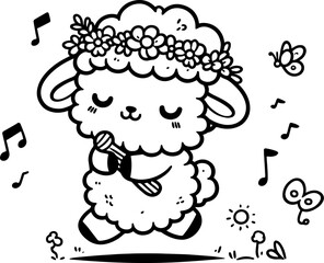 Lamb’s Flower Crown Parade. Coloring Book Page. Cartoon Illustration.