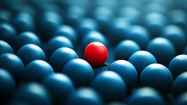 A single red ball stands out among dark blue balls, symbolizing business differentiation and uniqueness, perfect for concepts of innovation and standout strategy visualizations. Rotate scene
