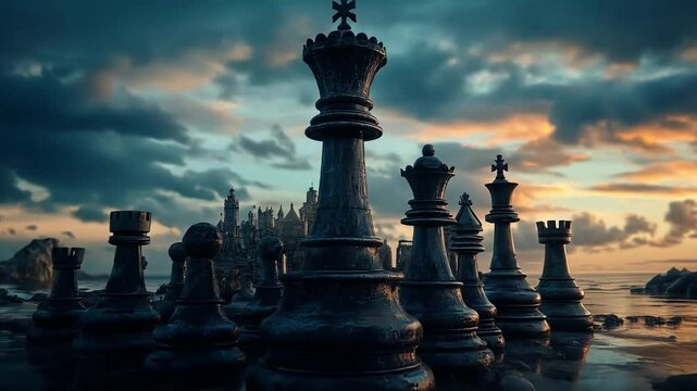 Giant chess pieces on a reflective board by the ocean, under a twilight changing to dark sky with castle background, symbolizing strategic planning, with a zoomed-in view, for business strategy