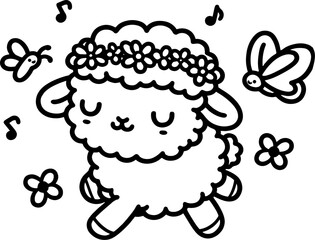 Lamb’s Flower Crown Parade. Coloring Book Page. Cartoon Illustration.