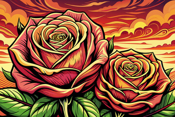 red roses vector in their natural habitat, in full bloom at close range at sunset time ,elegant, intimate, romantic