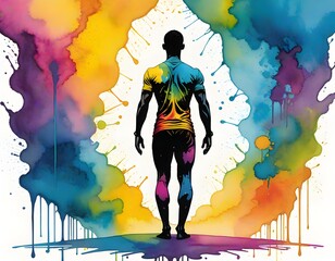 Illustration of a person in a standing yoga position, splash art, alcohol ink, rainbow colours