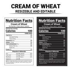Cream of wheat nutrition facts, Cream of Wheat nutrition label, Cream of Wheat calories, Editable and Resizable nutrition label, Black and white nutrition label, FDA-style nutrition facts panel