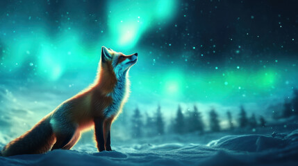 fox standing in snowy landscape gazing at northern lights, surrounded by serene atmosphere filled with vibrant colors and sense of wonder
