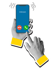 Black and white hands holding a ringing phone. Modern photo collage style. Illustration on transparent background