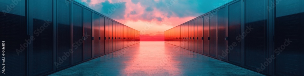 Poster Hyperscale Digital Infrastructure Symmetrical Quantum Data Center Visualization with Sunset Aesthetic - Next-Gen Technological Connectivity and Cloud Computing Paradigm