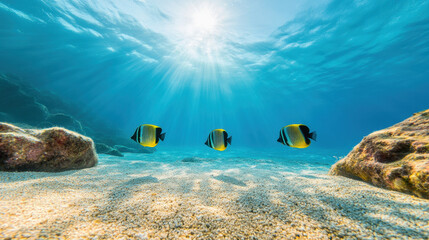 serene underwater scene features three colorful fish swimming gracefully over sandy ocean floor, illuminated by sun rays filtering through clear water, creating tranquil atmosphere
