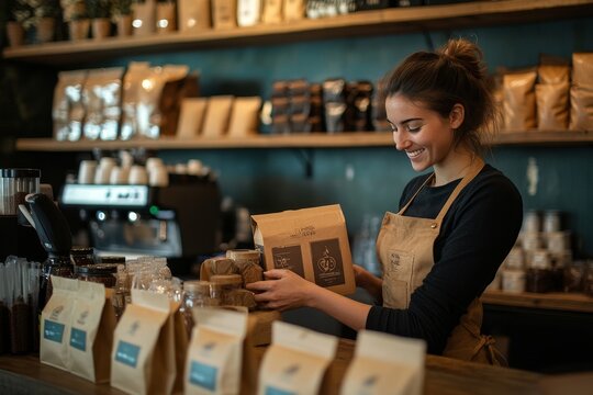 A cheerful barista in a cozy café, preparing and packing coffee, surrounded by bags of aromatic beans and supplies, crafting an authentic coffee shop atmosphere.