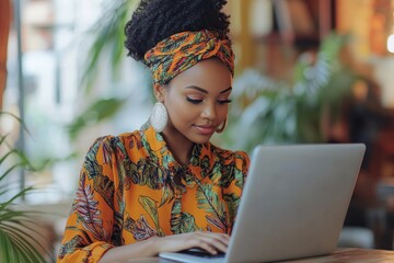 A confident woman in a stylish turban and vibrant floral blouse  works on her laptop at a trendy cafe. This image embodies modern professionalism, multicultural beauty.