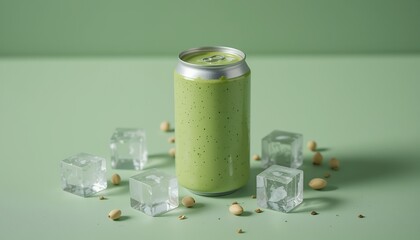 Refreshingly vibrant green beverage in aluminum can with ice and pistachio nuts