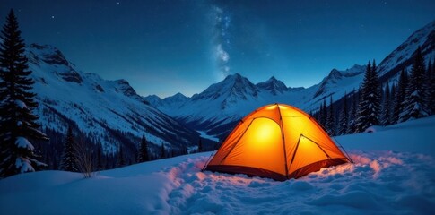Illuminated tent interior, snowy peaks visible, illuminated, peaceful, bright