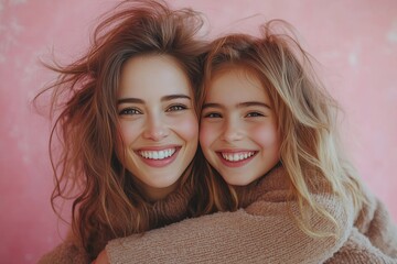 Happy mother and daughter embracing, smiling brightly. This heartwarming image captures the genuine bond between a mom and her child.