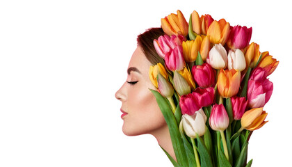 Fototapeta premium A woman's profile filled with tulips isolated on transparent background, creative concept