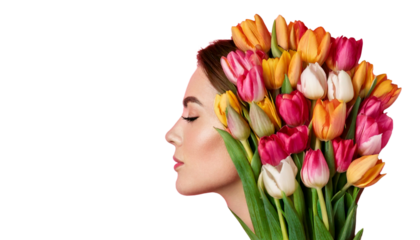 A woman's profile filled with tulips isolated on transparent background, creative concept