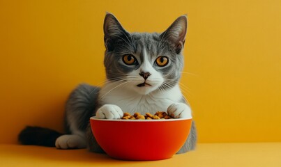 A curious grey and white cat, with big golden eyes, sits beside a red bowl of food with a paw resting on the rim. This minimalist photo evokes a sense of playfulness and pet ownership. 