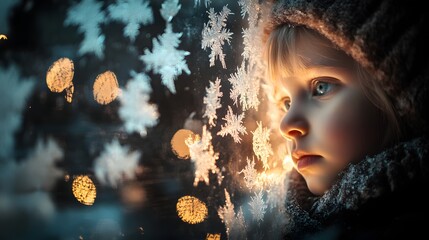 A child gazing out of a window covered in frost illuminated by a soft warm glow
