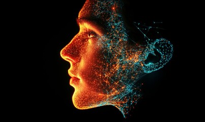 An artistic portrayal of a human face is intricately rendered with light particles. The warm orange tones blend seamlessly with the cool blues.