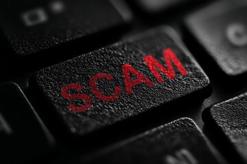 a key on a black laptop keyboard with the red label "SCAM"