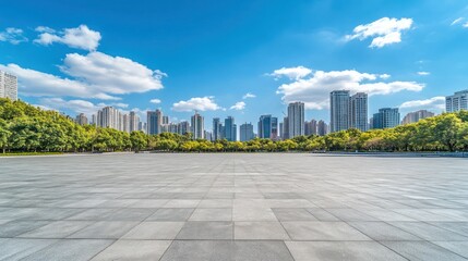City park plaza, urban skyline backdrop, sunny day, empty space, advertisement