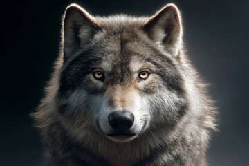 Fototapeta premium intense portrait of a gray wolf with piercing yellow eyes looking directly at the viewer, capturing its wild and majestic nature