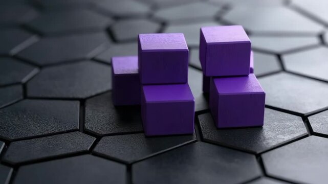 Colorful purple blocks in geometric arrangement on textured hexagonal surface create striking visual contrast and modern design.