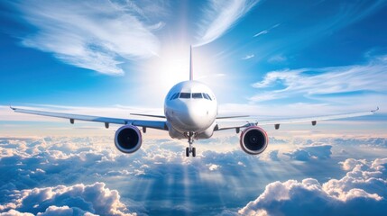 Airplane with Sunlight an edge of blue sky with clouds. AI generated image