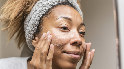 Woman applying facial cleanser while smiling in front of a mirror  
