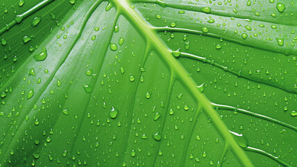 Green leaf with water droplets against a natural background  