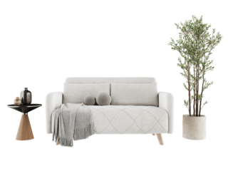 Free PND a green sofa in living room. Decorated home mockup with free space. 3d illustration, 3d rendering.	