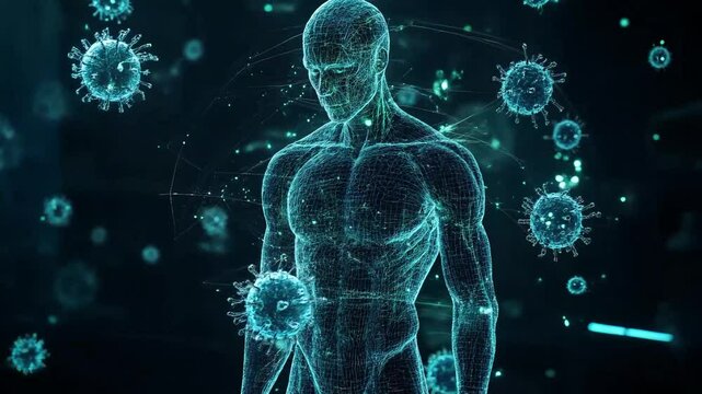 A glowing transparent digital human figure body holographic model surrounded by virus cells, the human immune system defending the body, ideal for medical and scientific visualizations on immunity.