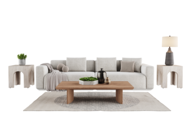 Free PND a 3d living room with a sofa and a table . Decorated home mockup with free space. 3d illustration, 3d rendering.	