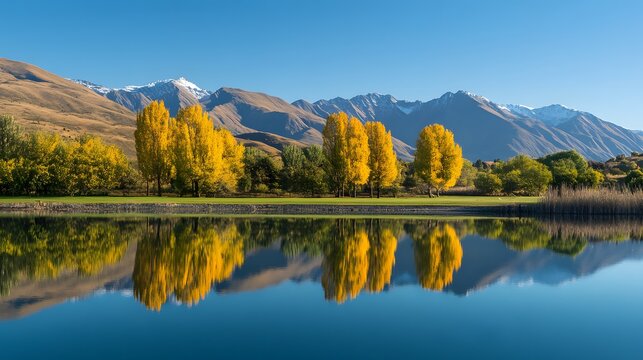 A tranquil lake with the reflection of trees and mountains on the water's surface