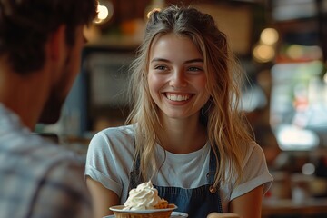 a young woman with a bright smile sitting across from a man in a cafe. Her blonde hair is pulled back into a loose bun, and she's wearing a white t-shirt and a blue denim apron.