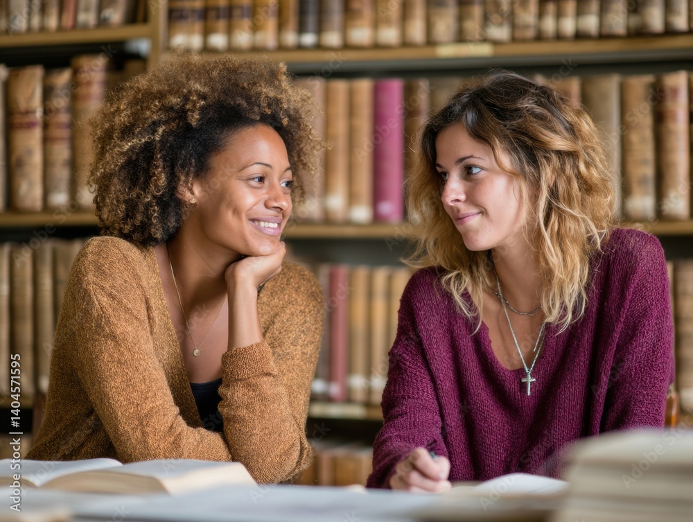 Aufkleber empowering mentorship moments inclusive gen z learning collaboration in vintage library setting - tr