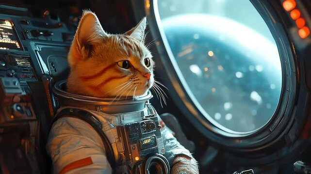 A cute orange cat in an astronaut suit gazes control inside a spaceship cockpit room near window space stars, space exploration, for creative projects with a humorous, cosmic twist. cinematic zoom in